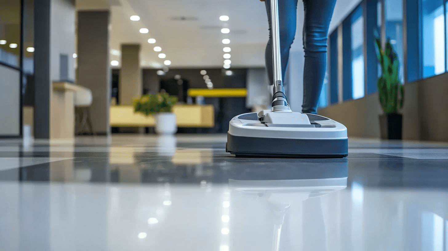Close-up of a professional cleaning machine on a tiled floor