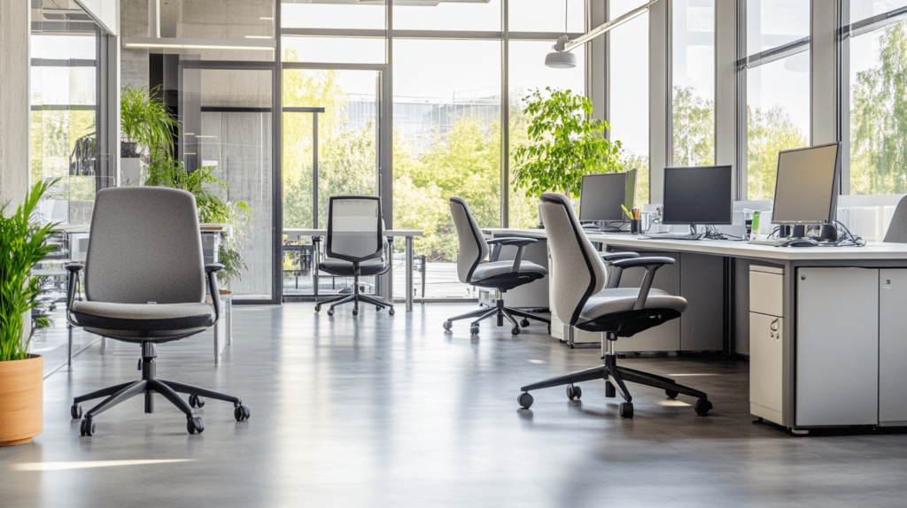 A clean and tidy office with several chairs and desks arranged neatly.