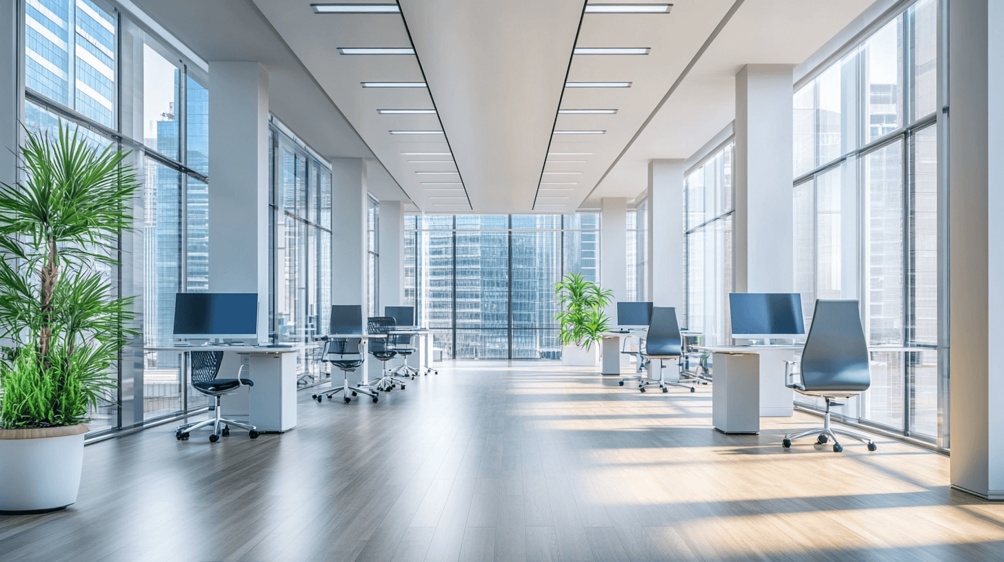 Spacious office with clean floors and natural light