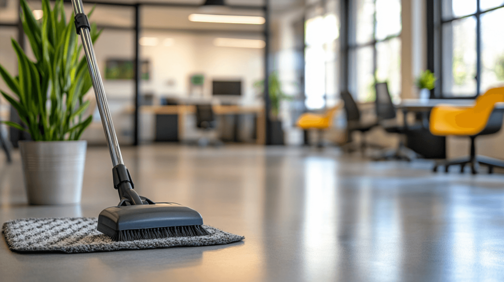 A mop and bucket positioned on a clean office floor