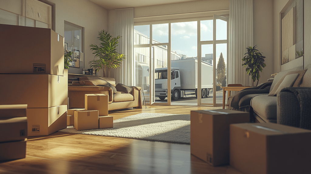 Waste removal truck outside while cleaners clear household items from a home.