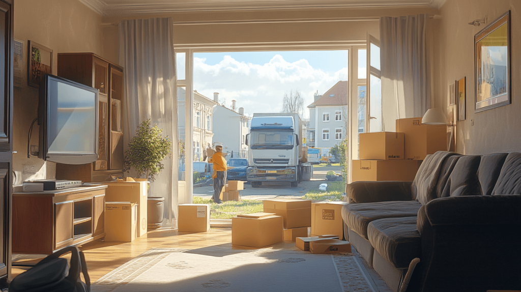 House clearance team removing unwanted furniture from a large living room