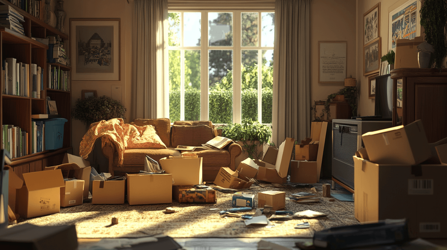 Professional team handling home clearance with boxes and furniture in view.