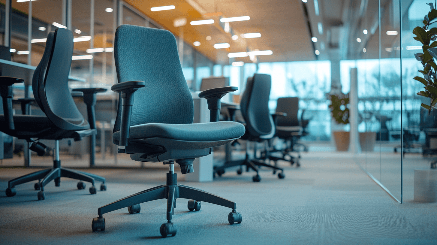 A modern office chair in a well-lit, spacious workspace.