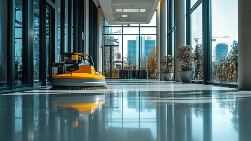 A floor cleaning machine operating in an office building