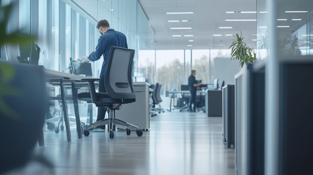 A professional cleaner sanitising office furniture in a modern workspace.