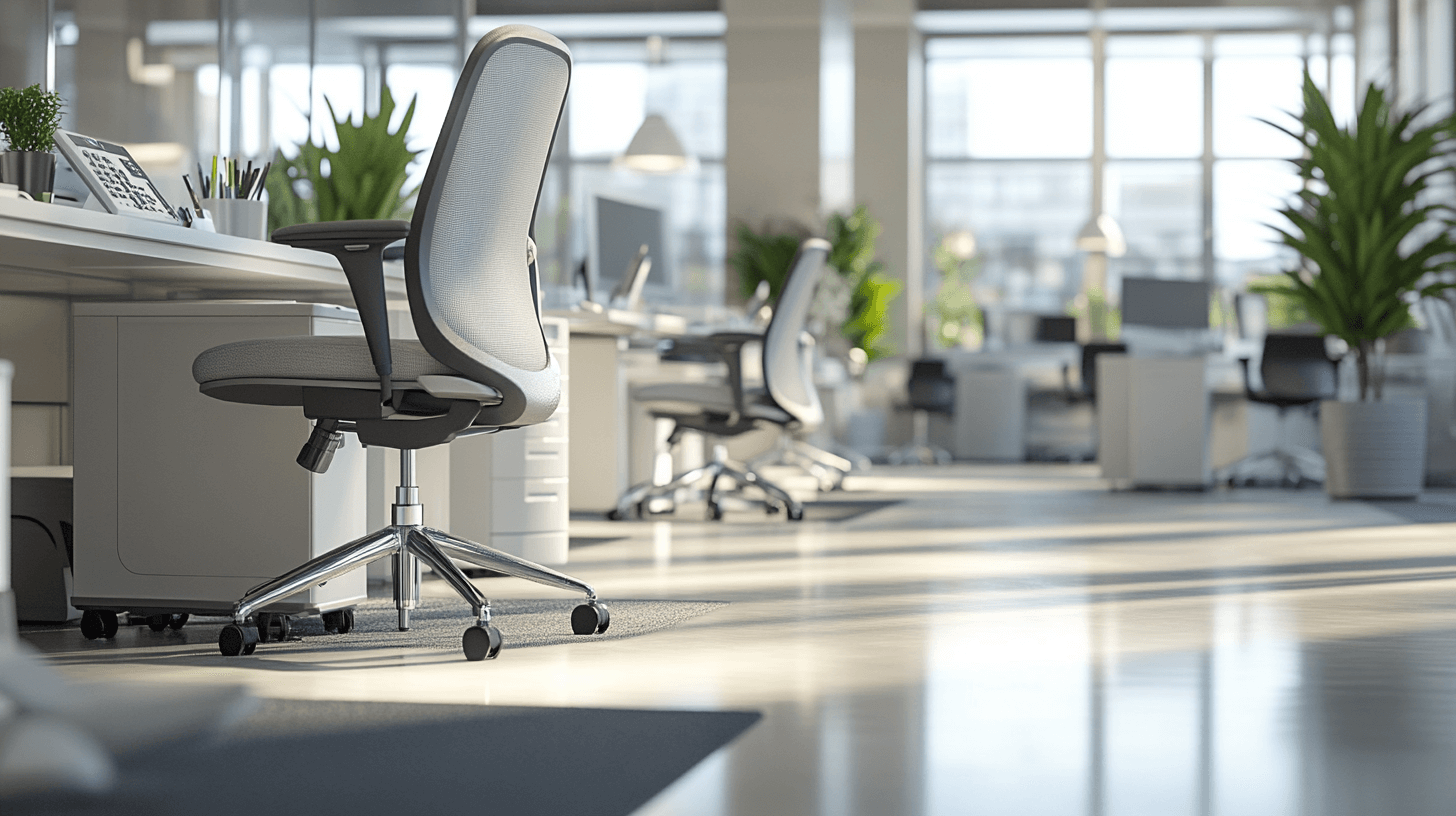 White office chair in a bright, organised office environment.