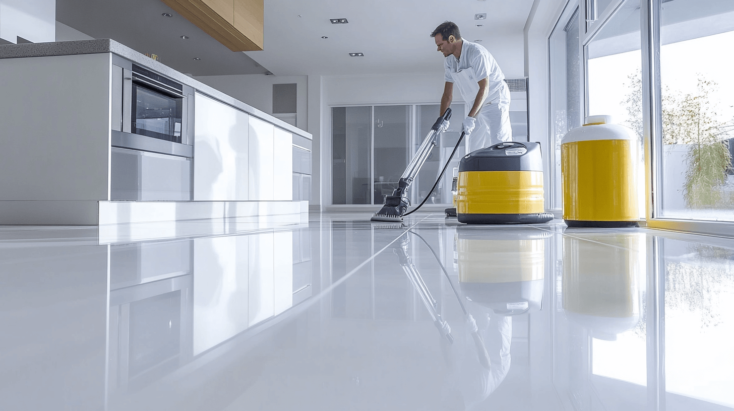 Professional cleaners working on post-construction cleaning with vacuum and steam cleaning equipment