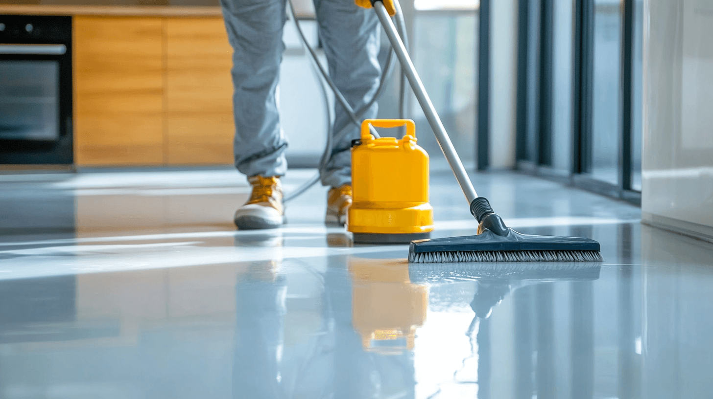 After builders cleaning kitchen, highlighting clean floors and appliances