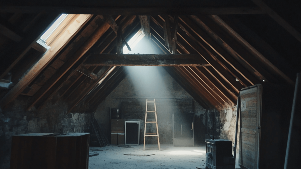 An empty attic space with exposed beams and sunlight streaming through the roof window, highlighting a ladder.