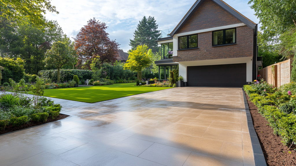 Professional driveway cleaning service at a contemporary home.