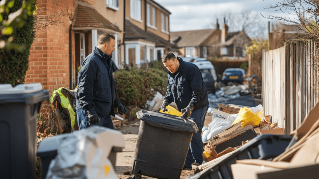 Experts handling furniture removal and waste clearance outdoors.
