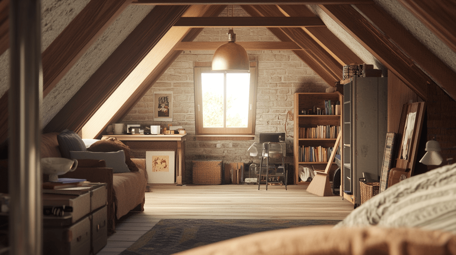 A modern loft space with a skylight, minimalist decor, and beams of natural light entering the room.