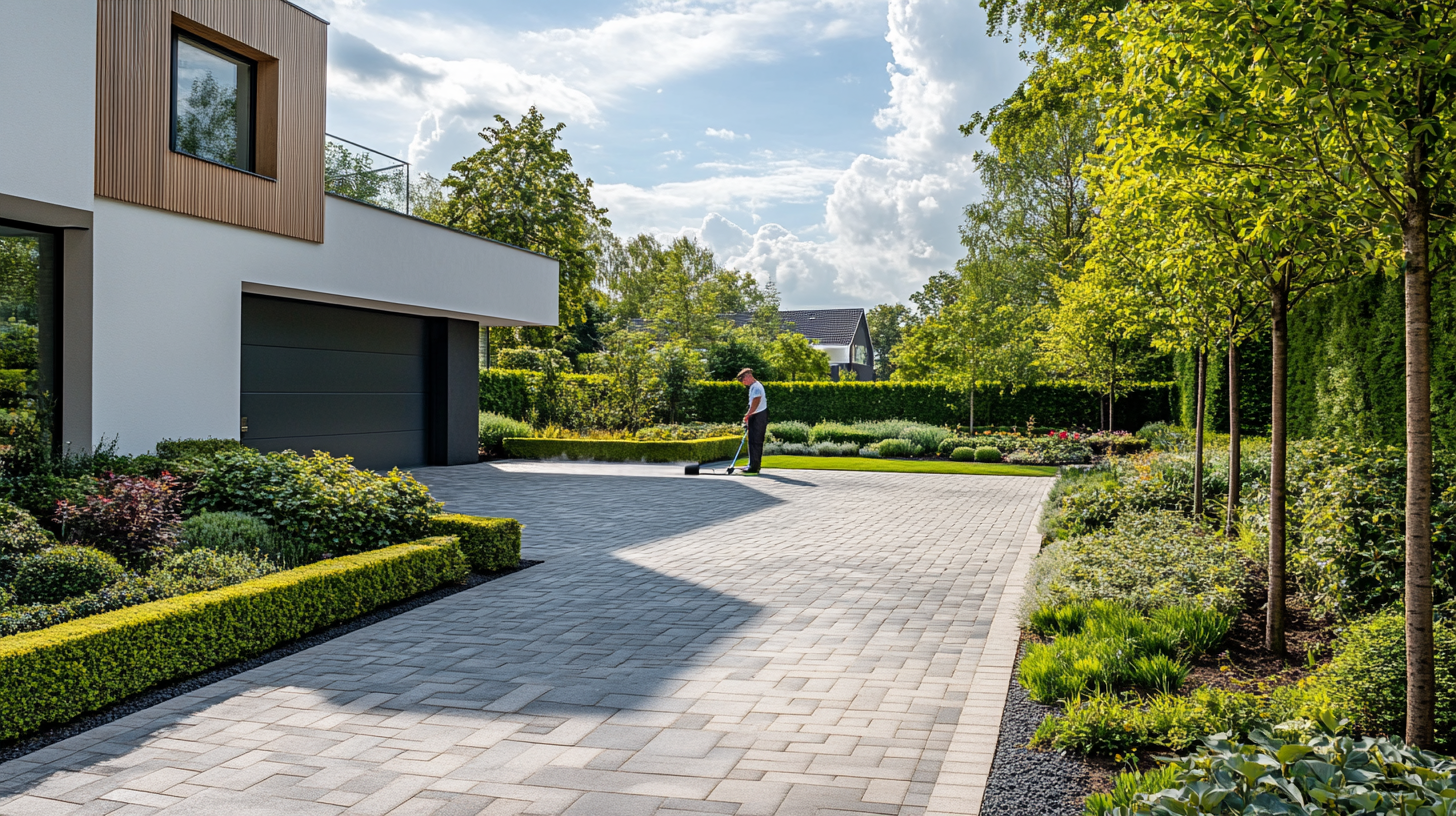 Professional driveway cleaning service at a contemporary home.
