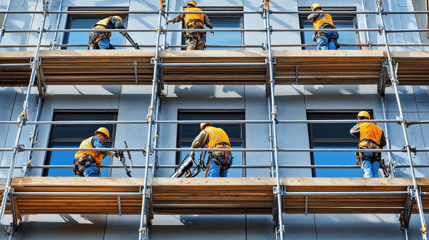 Workers standing on suspended scaffolding platforms, performing window cleaning on a high-rise structure.