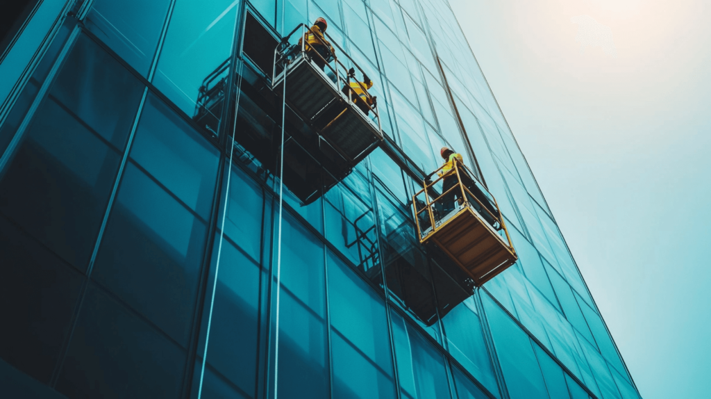 A worker using suspended scaffolding for window cleaning on a large commercial building.