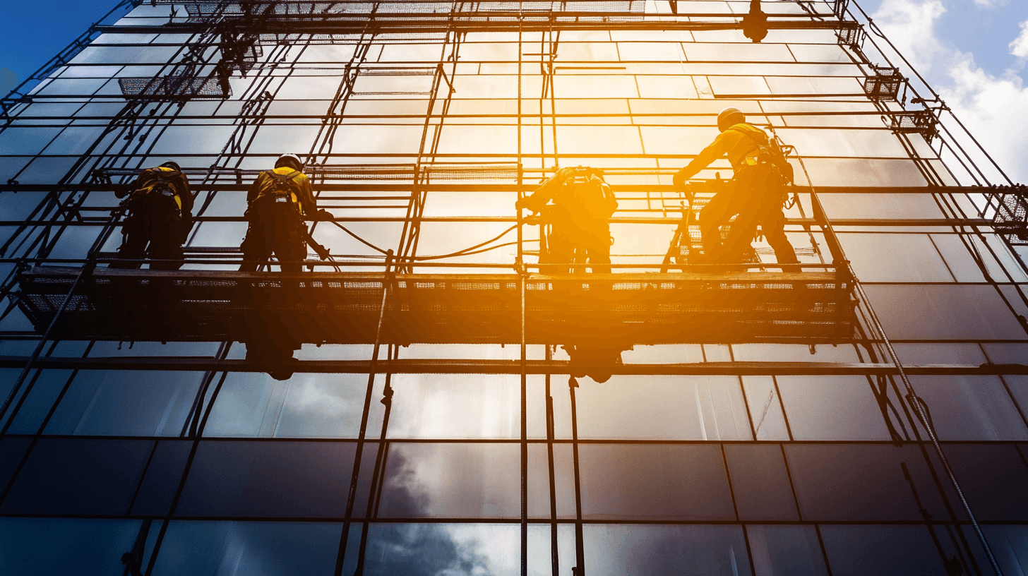 Multiple workers on suspended scaffolding, cleaning and maintaining the facade of a modern building.