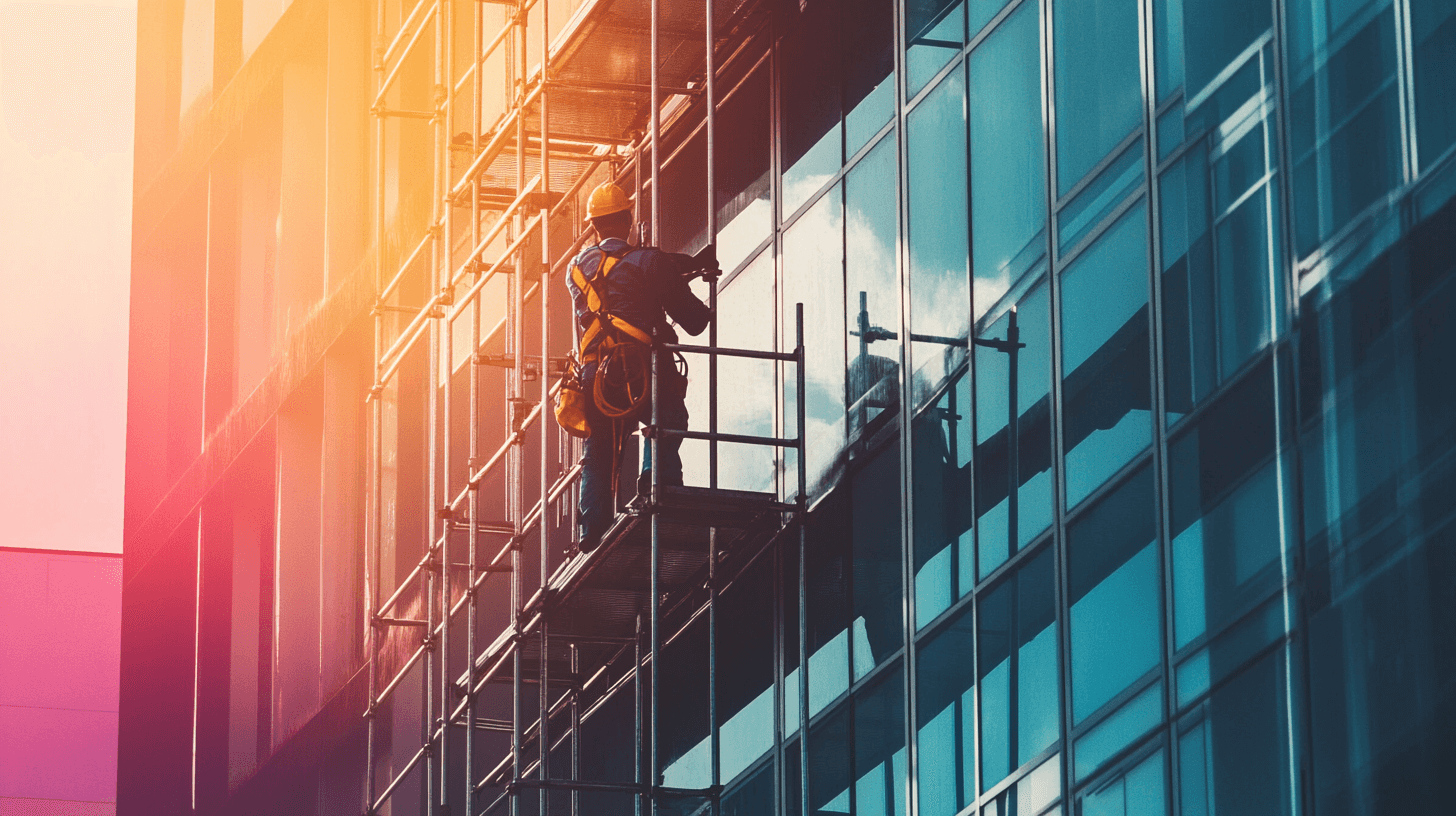 Workers standing on suspended scaffolding platforms, performing window cleaning on a high-rise structure.