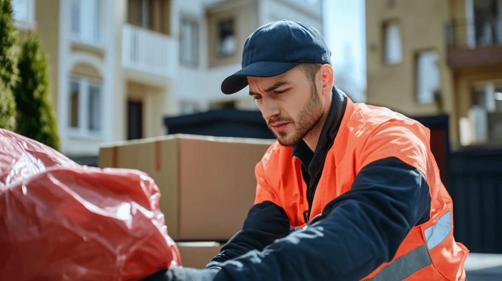 Workers removing rubbish and household goods during house clearance.